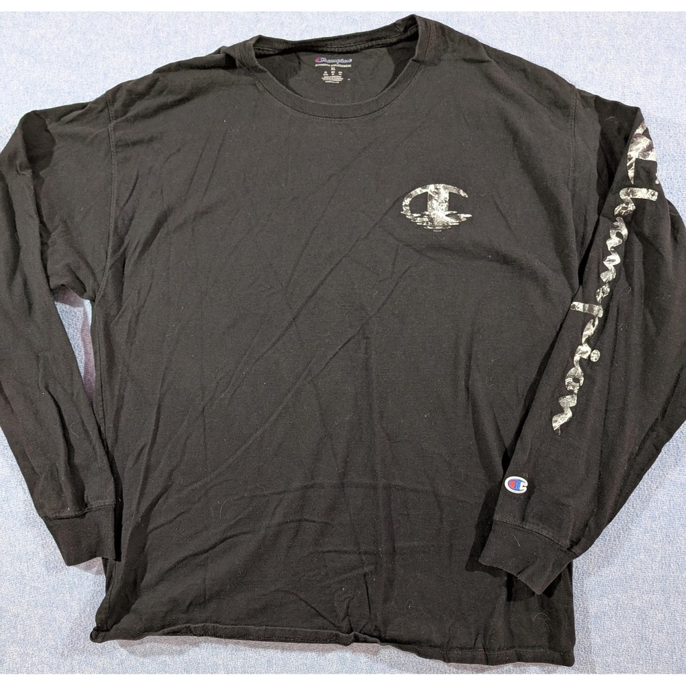 Champion Shirt Mens XL Black Long Sleeve Marble C Logo Script Sleeve Graphic - Picture 1 of 8